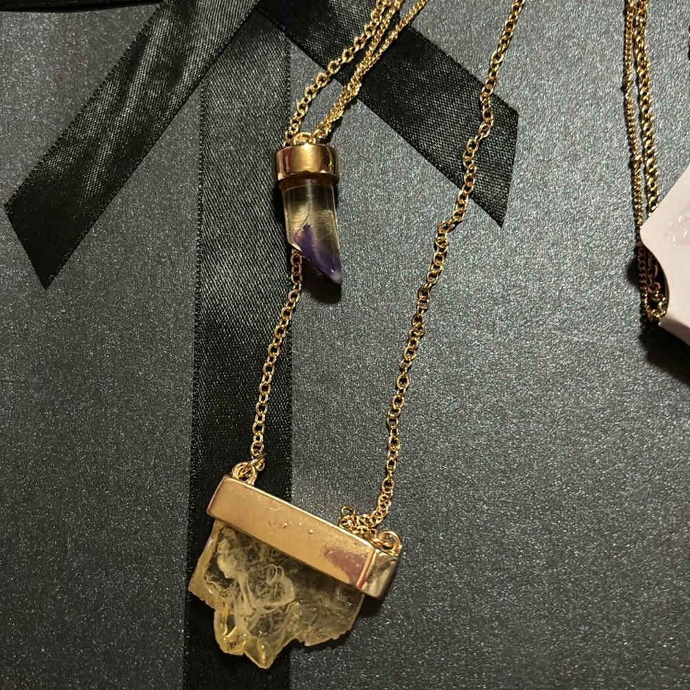 NWT Gold Tone 2 layered Necklace with Attached Stone Pendants